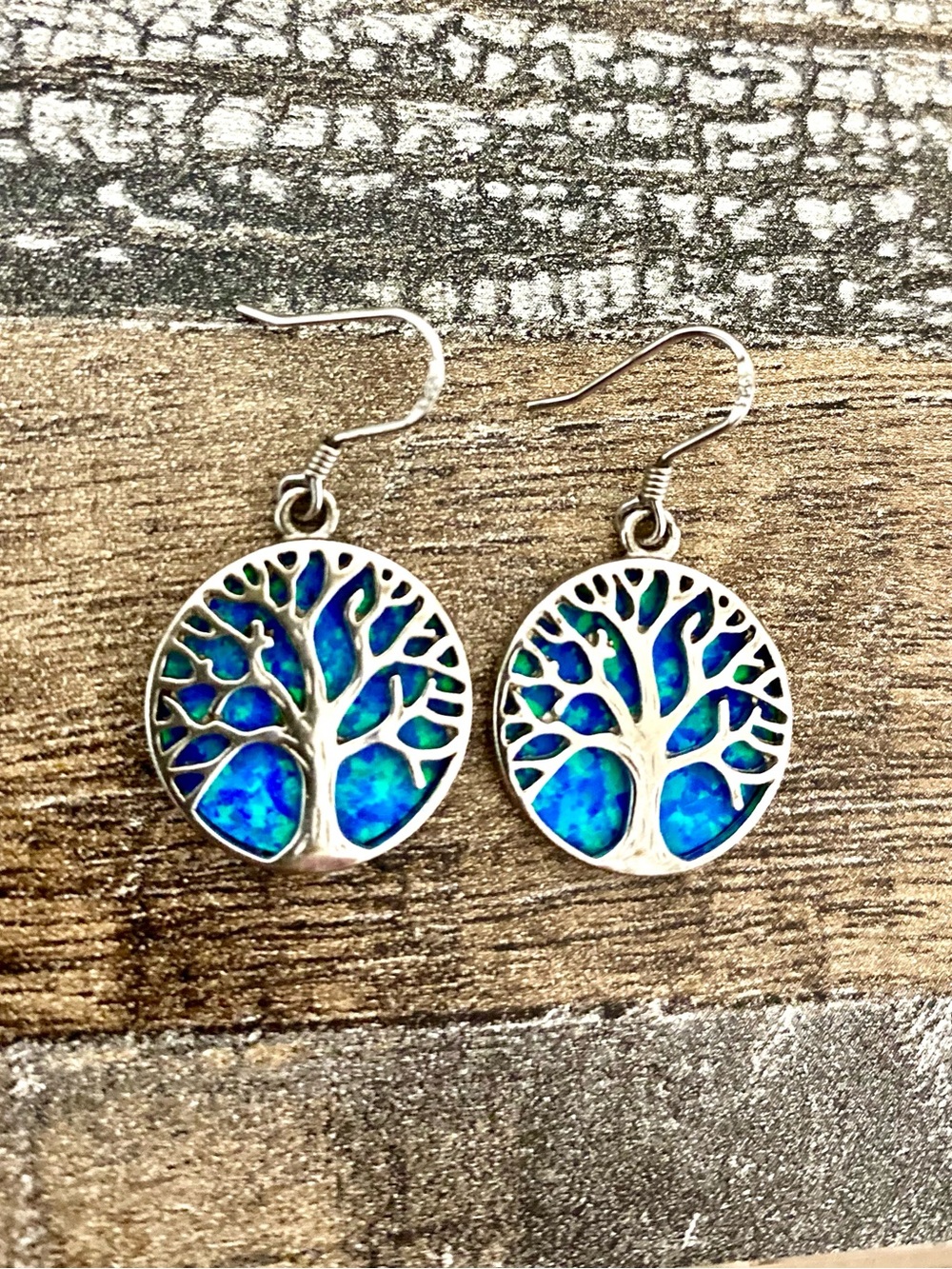 Tree Of Life 925 Sterling Silver Hook Earrings, Lab Created Opal